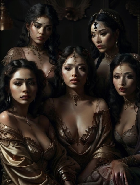 Grupo de hermosas mujeres orientales al estilo del siglo XIX.