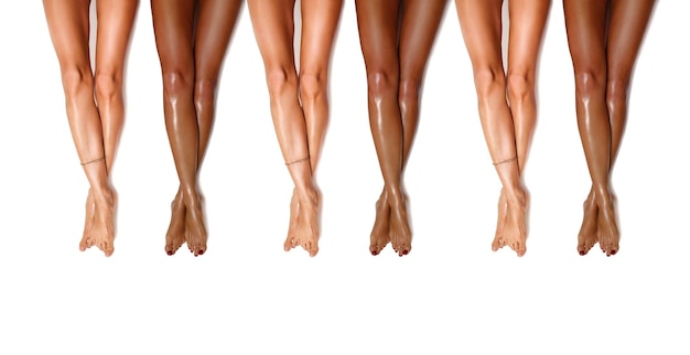 Grupo de hermosas y suaves piernas femeninas de diversidad después de la depilación láser. Tratamiento, tecnología co