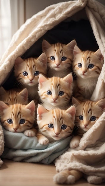 Un grupo de hermosos gatitos acurrucados en un cálido fuerte de mantas