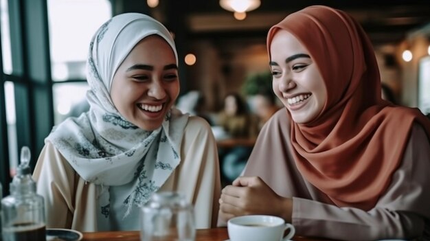 Grupo hijab mulheres rindo com amigos em um café Generative AI