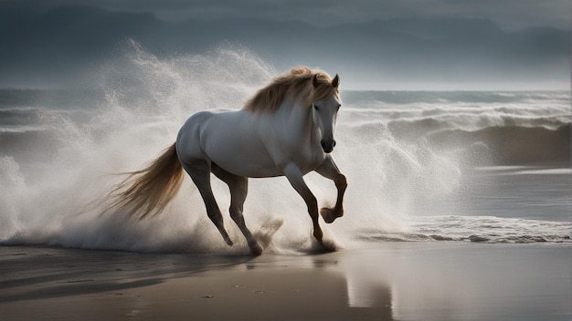 Un grupo hiperrealista de caballos corriendo por la playa.