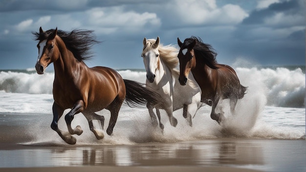 Foto un grupo hiperrealista de caballos corriendo por la playa.