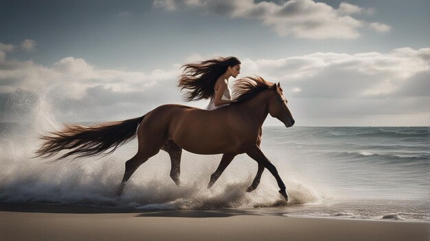 Foto un grupo hiperrealista de caballos corriendo por la playa.