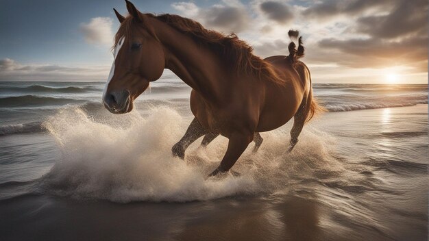 Foto un grupo hiperrealista de caballos corriendo por la playa.