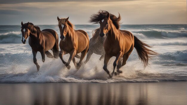 Foto un grupo hiperrealista de caballos corriendo por la playa.