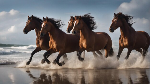 Foto un grupo hiperrealista de caballos corriendo por la playa.