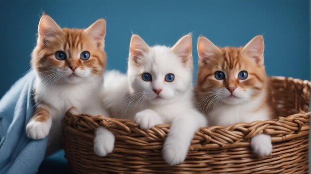 Un grupo hiperrealista de gato en cesta fondo azul