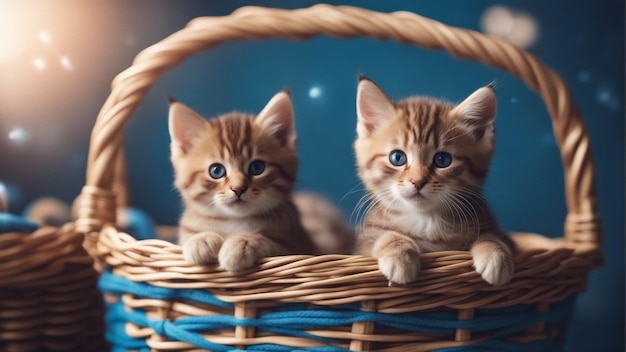 Un grupo hiperrealista de gato en cesta fondo azul