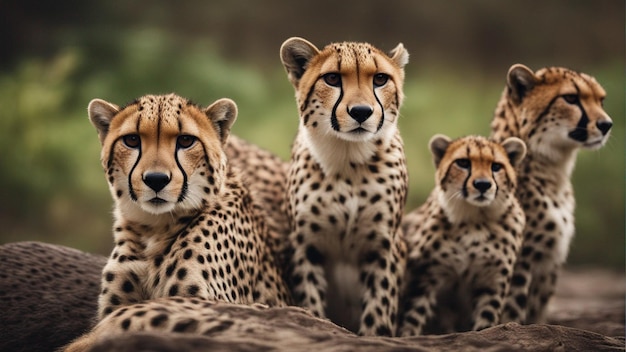 Un grupo hiperrealista de guepardos en la jungla.