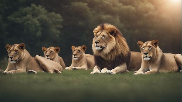 Un grupo hiperrealista de leones en la jungla.