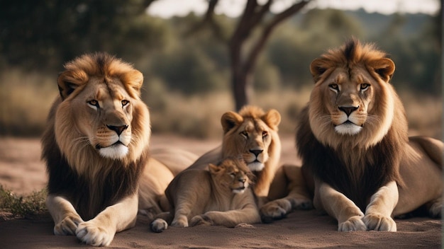 Un grupo hiperrealista de leones en la jungla.