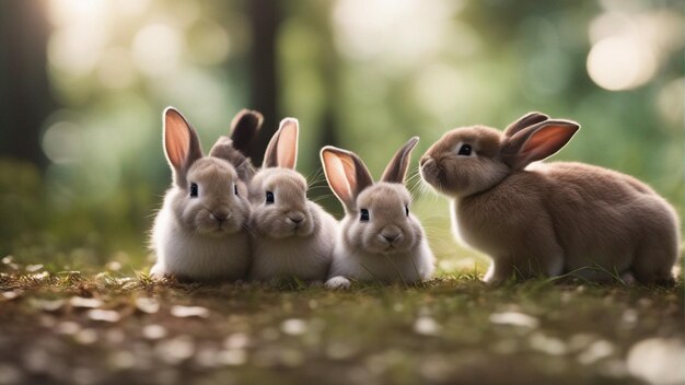 Foto un grupo hiperrealista de lindos conejos en la jungla.