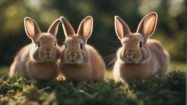 Un grupo hiperrealista de lindos conejos en la jungla.