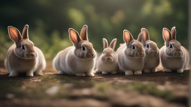 Foto un grupo hiperrealista de lindos conejos en la jungla.