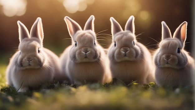 Foto un grupo hiperrealista de lindos conejos en la jungla.