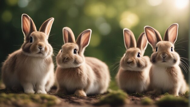 Foto un grupo hiperrealista de lindos conejos en la jungla.