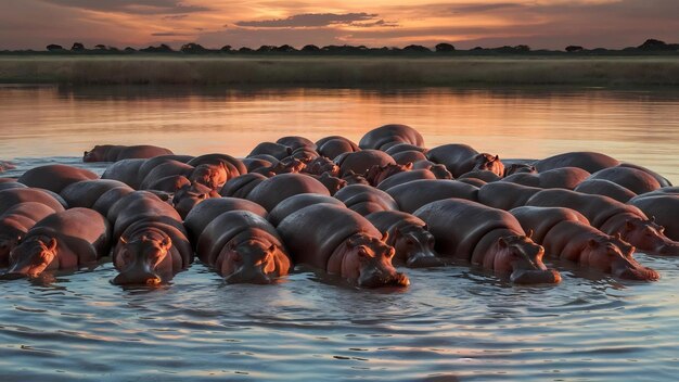 Foto grupo de hipopótamos en el agua del sur de áfrica