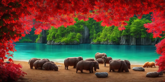 Un grupo de hipopótamos debajo de un árbol con hojas rojas.