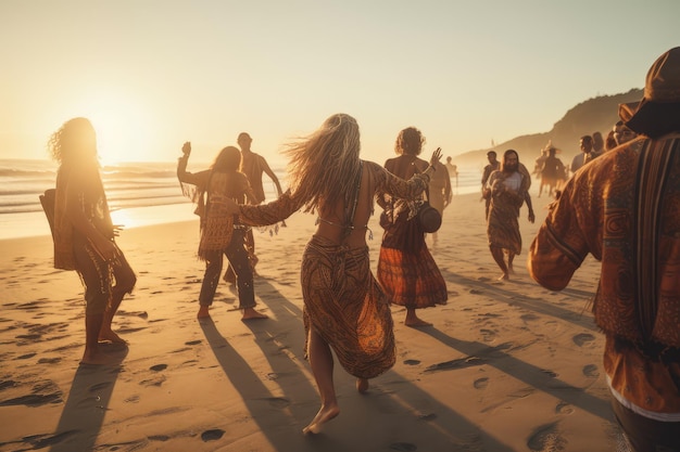 grupo de hippies bailando en la playa al atardecer