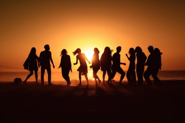 grupo de hippies bailando en la playa al atardecer