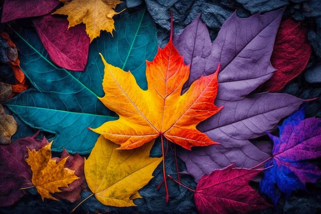 Grupo de hojas de diferentes colores sobre un lecho de hojas IA generativa