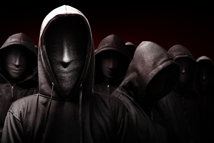 Foto grupo de hombre criminal en una máscara oculta sobre fondo negro