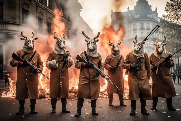 Un grupo de hombres con abrigos marrones y máscaras se paran frente a un fuego ardiente con cuernos de toro