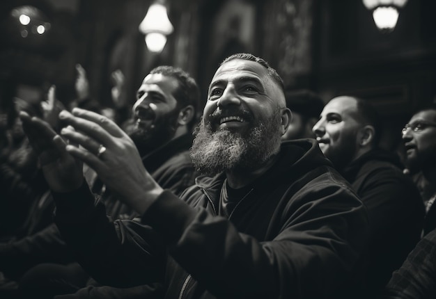 Grupo de hombres aplaudiendo en fotografía en blanco y negro