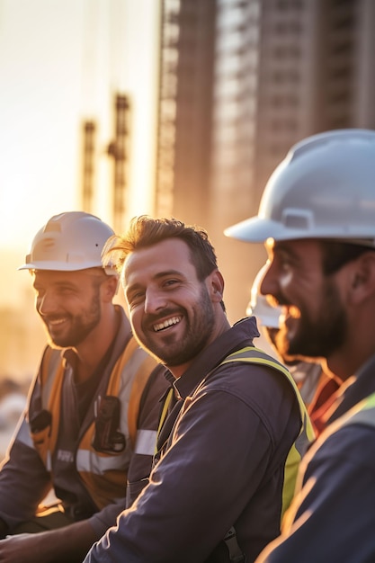 un grupo de hombres con cascos y chalecos sonriendo y sonriendo