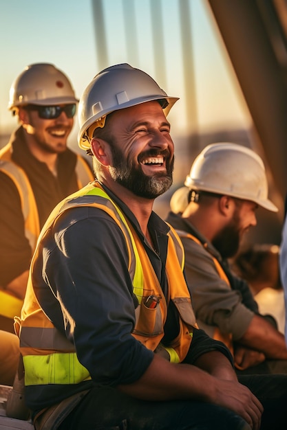 un grupo de hombres con cascos y chalecos sonriendo