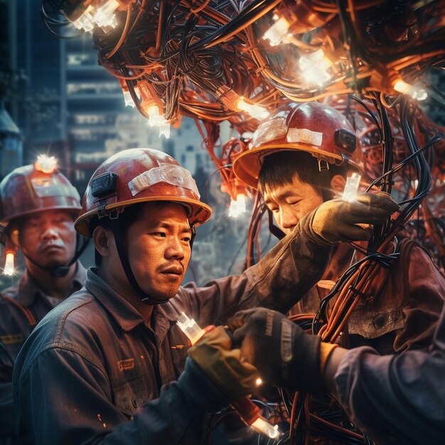 un grupo de hombres con cascos están trabajando en una máquina.