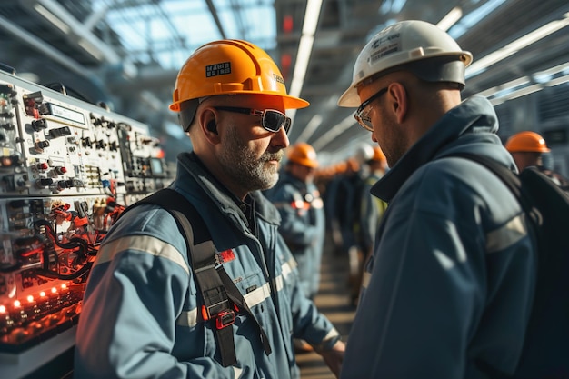 Un grupo de hombres con cascos trabajan en equipos eléctricos