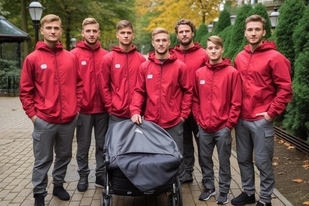 un grupo de hombres en chaquetas rojas con un letrero que dice e