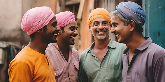 Un grupo de hombres con coloridos turbantes sonríen y ríen juntos.