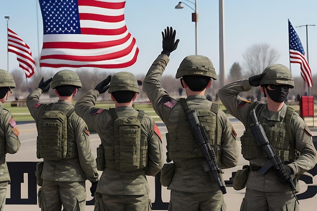 Grupo de hombres del ejército saludando la bandera estadounidense