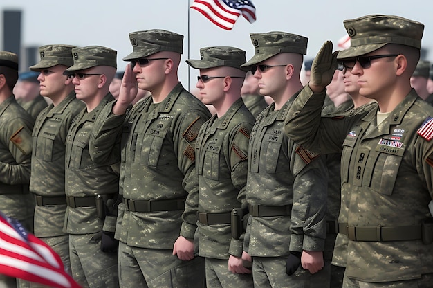 Grupo de hombres del ejército saludando la bandera estadounidense