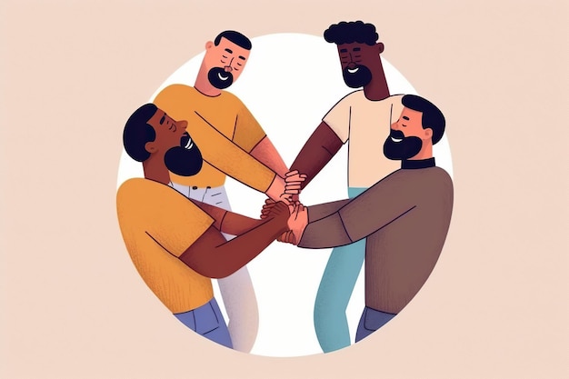 Grupo de hombres entrelazan sus manos en cooperación Ilustración plana Ai generada