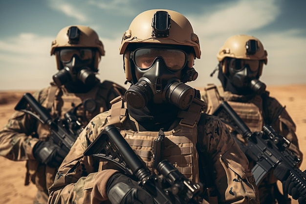 Un grupo de hombres con equipo militar caminando por el desierto AI