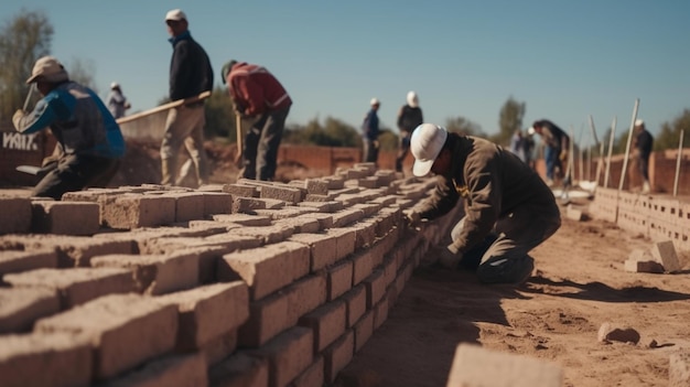 Un grupo de hombres está trabajando en ladrillos.