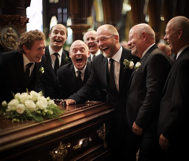 Foto un grupo de hombres están reunidos alrededor de una iglesia con flores a su alrededor