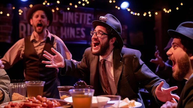 Foto un grupo de hombres están sentados alrededor de una mesa en un restaurante todos llevan sombreros y corbatas y todos están cantando y riendo