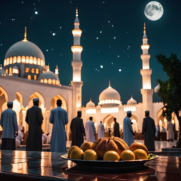 un grupo de hombres frente a una mezquita con una luna llena en el fondo