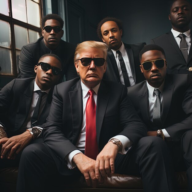 un grupo de hombres con gafas de sol y un traje con una corbata roja