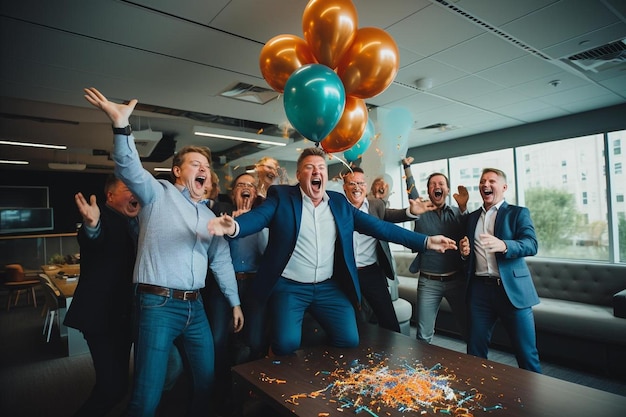 Foto un grupo de hombres con globos celebrando con los brazos en alto.