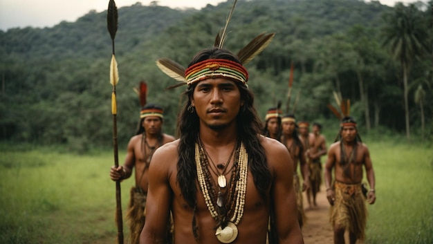 Foto un grupo de hombres indígenas que llevan flechas en la selva amazónica