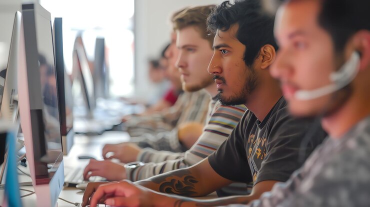 Foto un grupo de hombres jóvenes trabajan centrados en sus pantallas de computadora en un entorno de oficina moderno