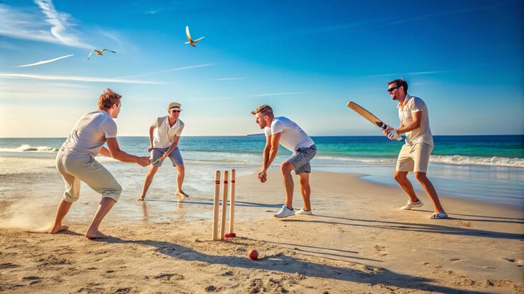 un grupo de hombres jugando al cricket en una playa con un pájaro volando en el cielo