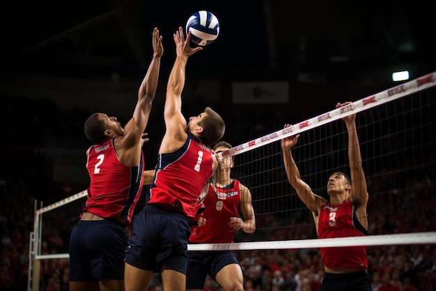 un grupo de hombres jugando al voleibol con un número 7 en sus camisas.