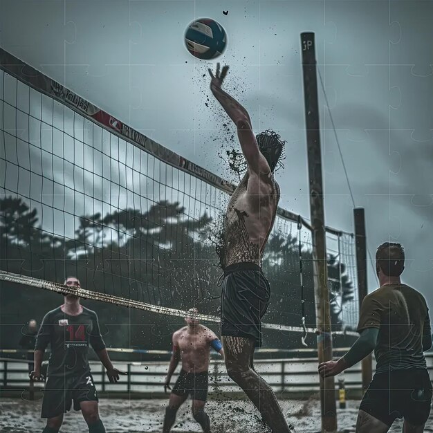 Un grupo de hombres jugando un juego de voleibol