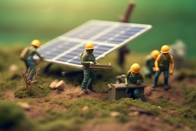 Un grupo de hombres de juguete trabajando en un panel solar.